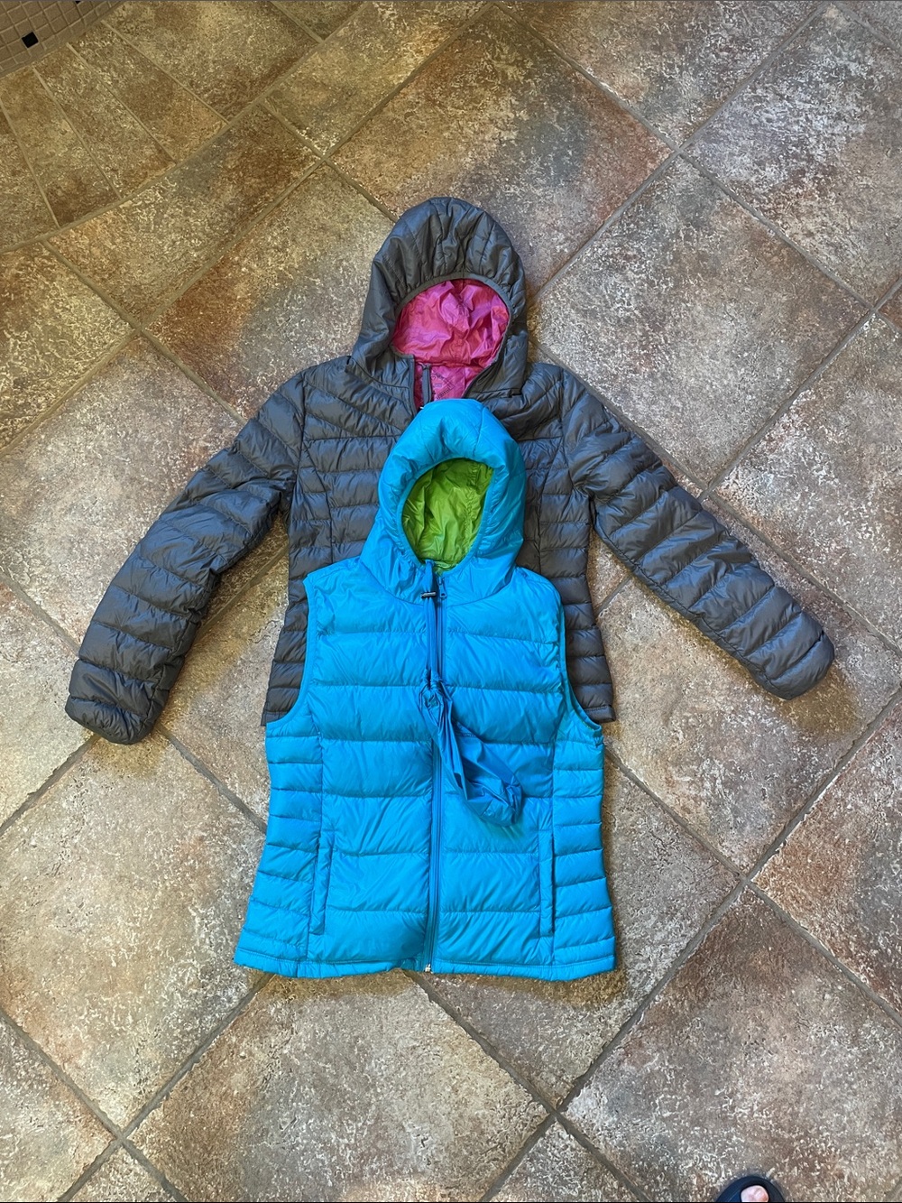 Women's Packable Hooded Puffer Jacket - gray and pink; and blue and green vest